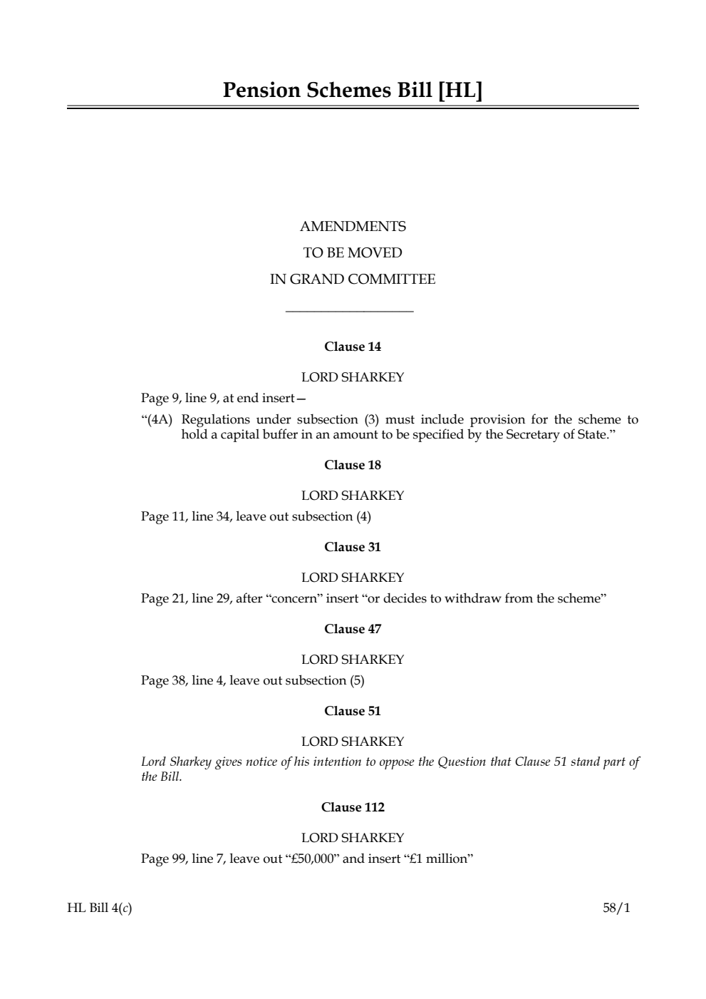 Pension Schemes Bill Amendments to be moved in Grand Committee