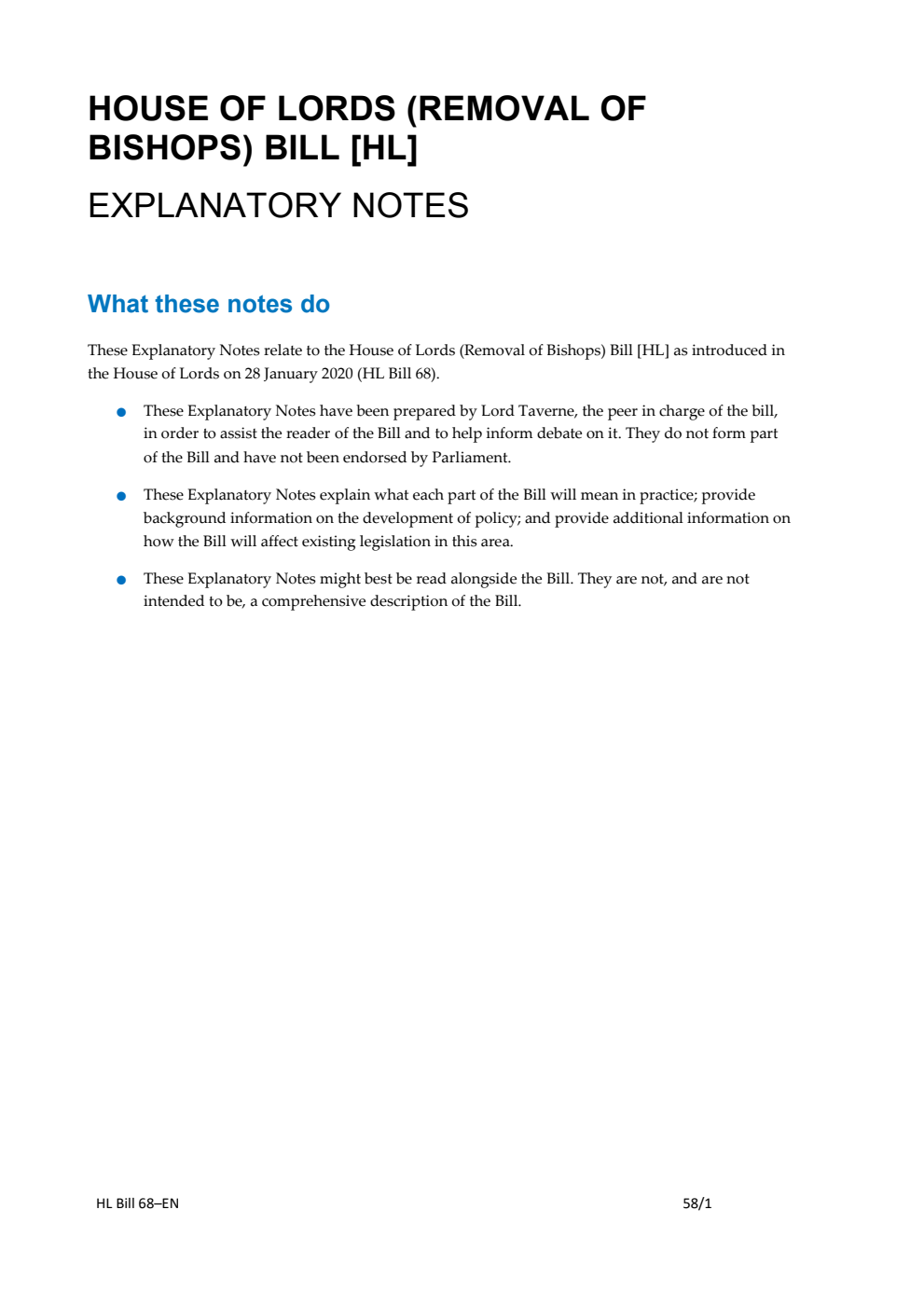 House of Lords (Removal of Bishops) Bill Explanatory Notes