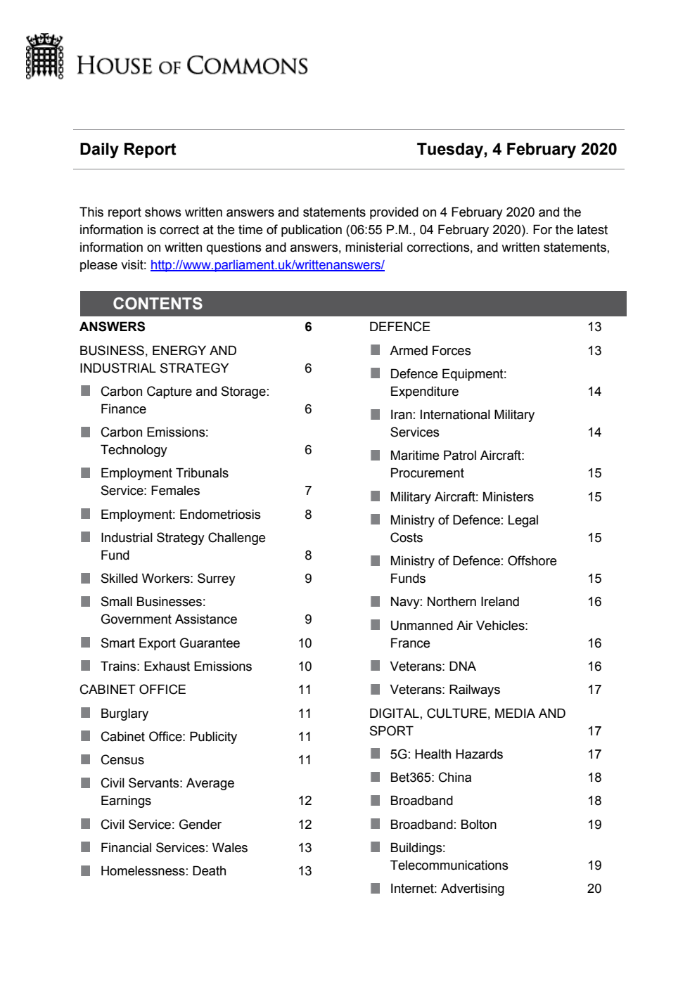 HOC Daily Report Written Answers 04.02.20