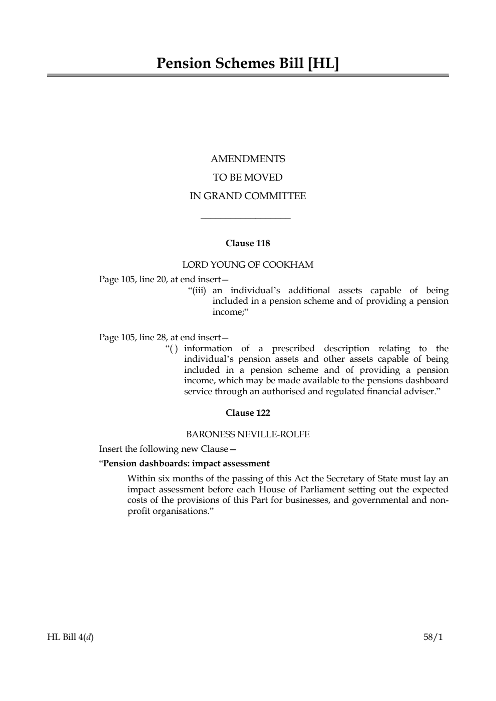 Pension Schemes Bill Amendments to be moved in Grand Committee