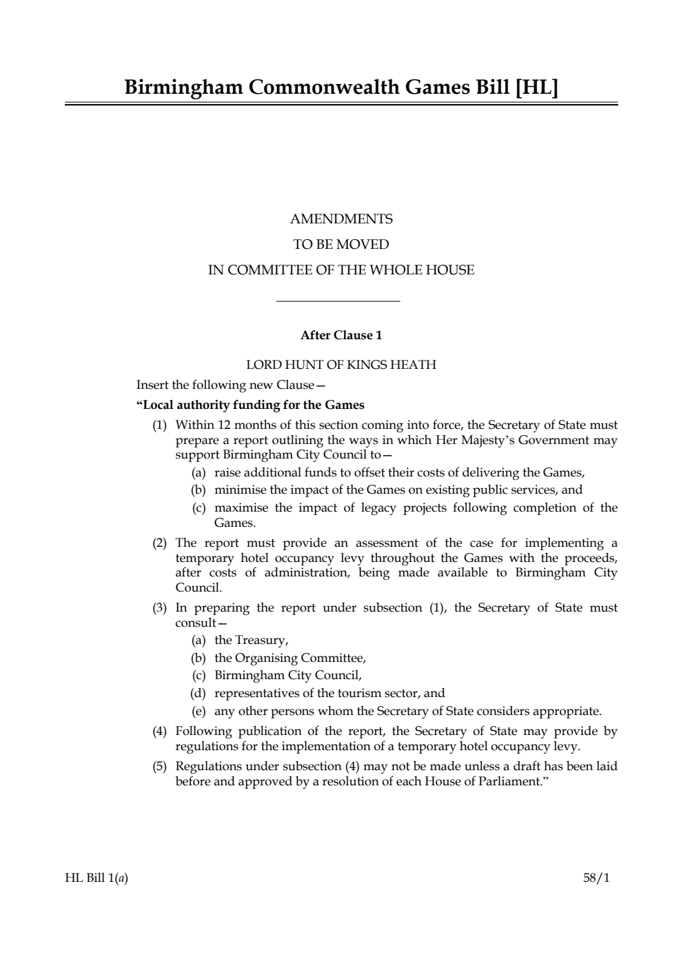Birmingham Commonwealth Games Bill Amendments to be moved in Committee of the Whole House