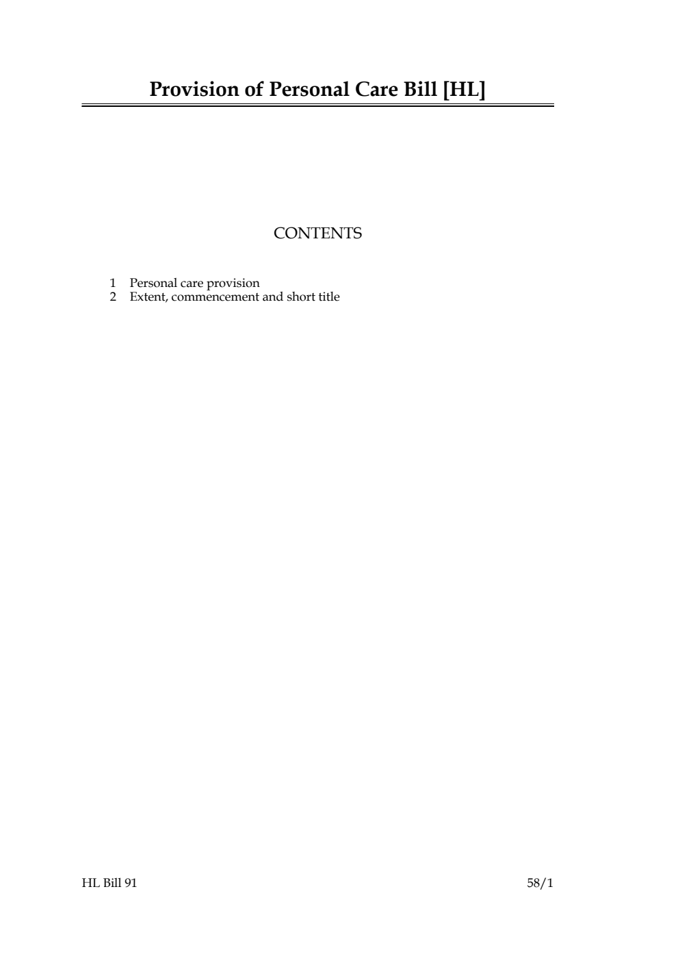 Provision of Personal Care Bill