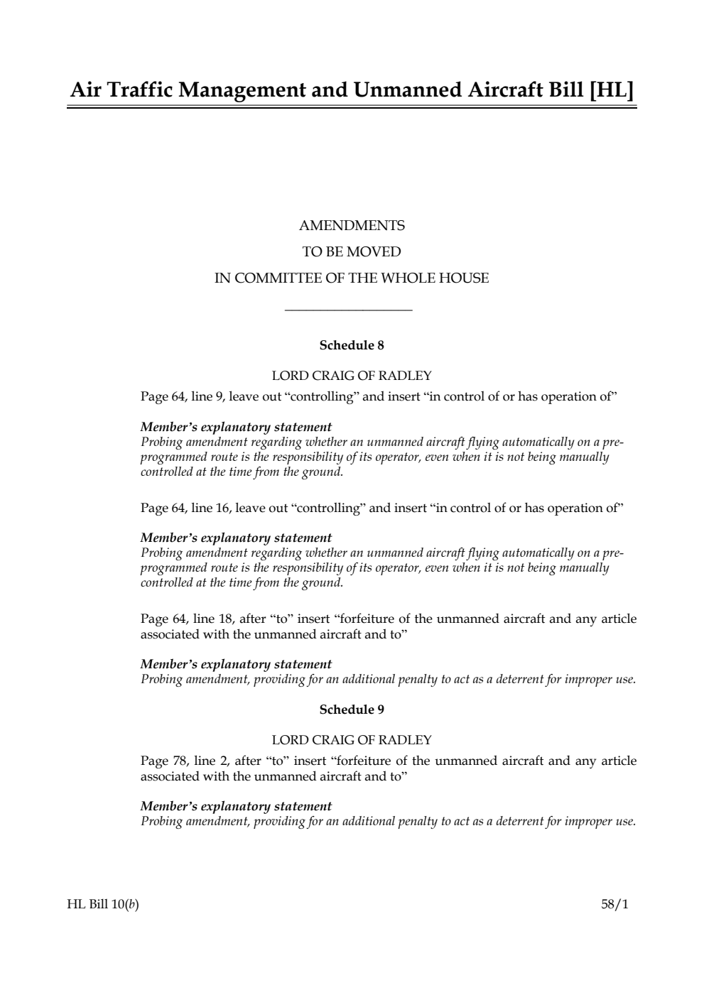 Air Traffic Management and Unmanned Aircraft Bill Amendments to be moved in Committee of the Whole House