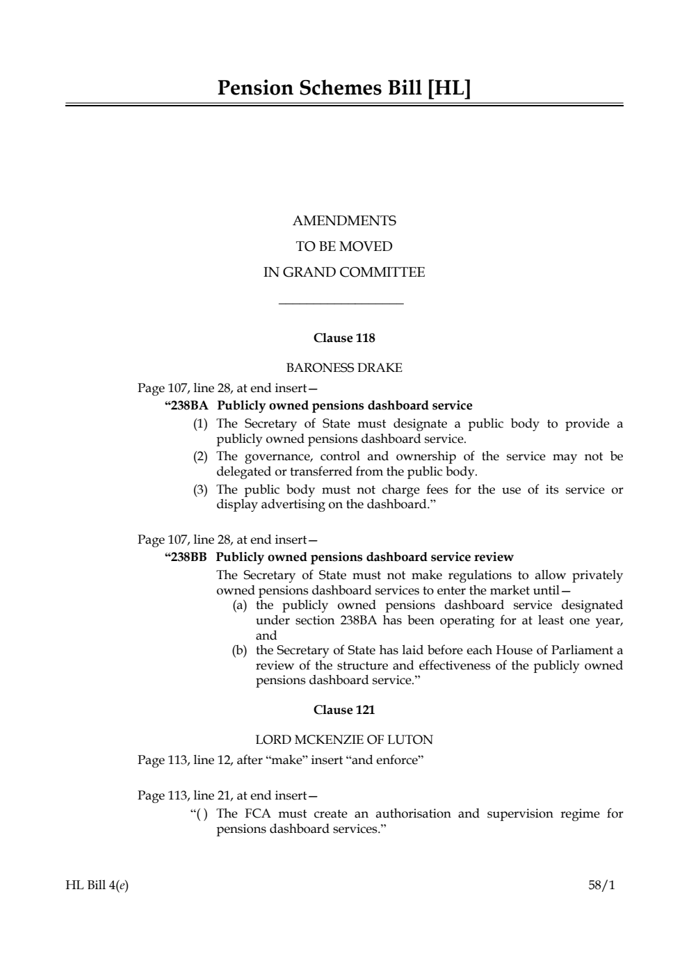 Pension Schemes Bill Amendments to be moved in Grand Committee