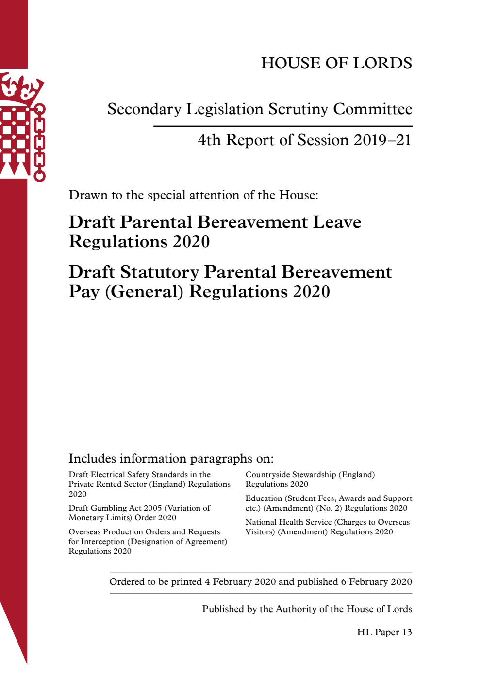 Secondary Legislation Scrutiny Committee 4th Report of Session 2019–21