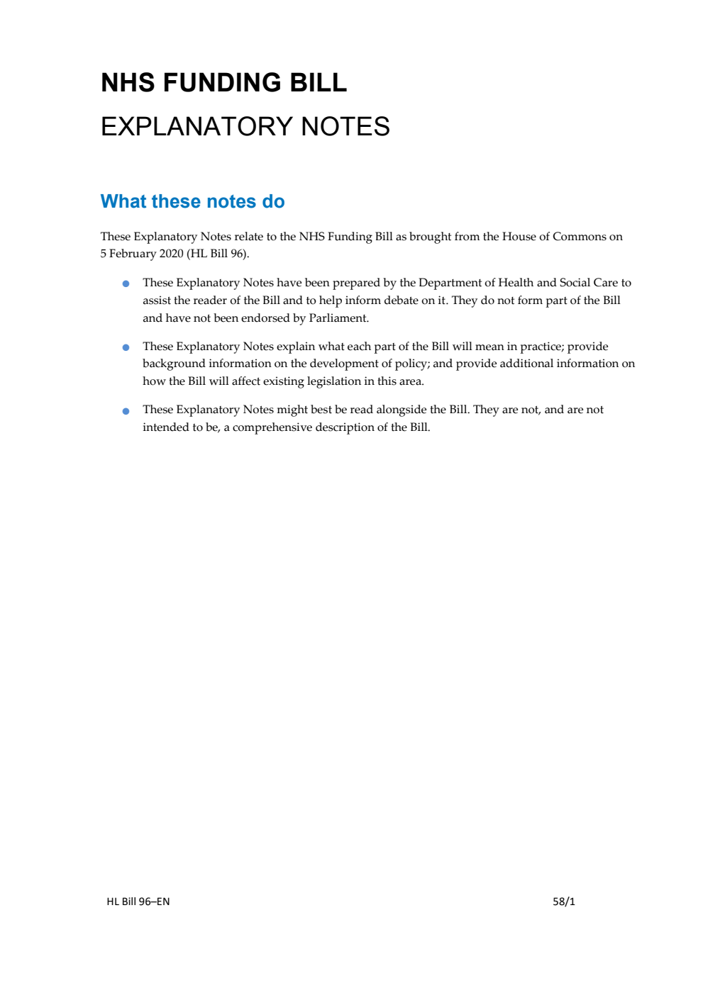 NHS Funding Bill Explanatory Notes