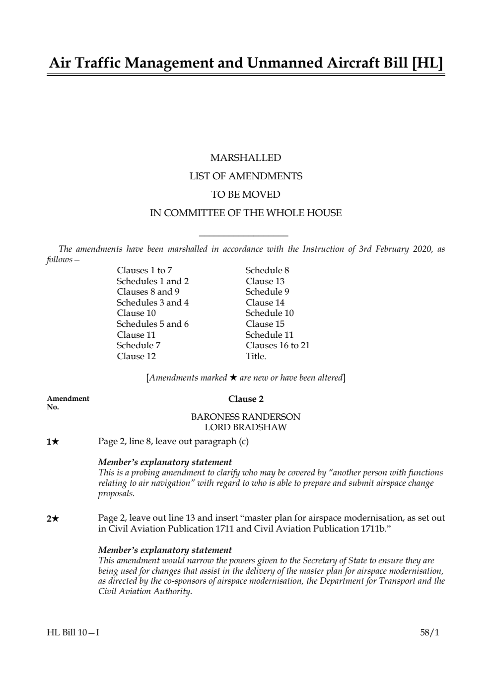 Air Traffic Management and Unmanned Aircraft Bill Marshalled List of Amendments to be moved in Committee of the Whole House
