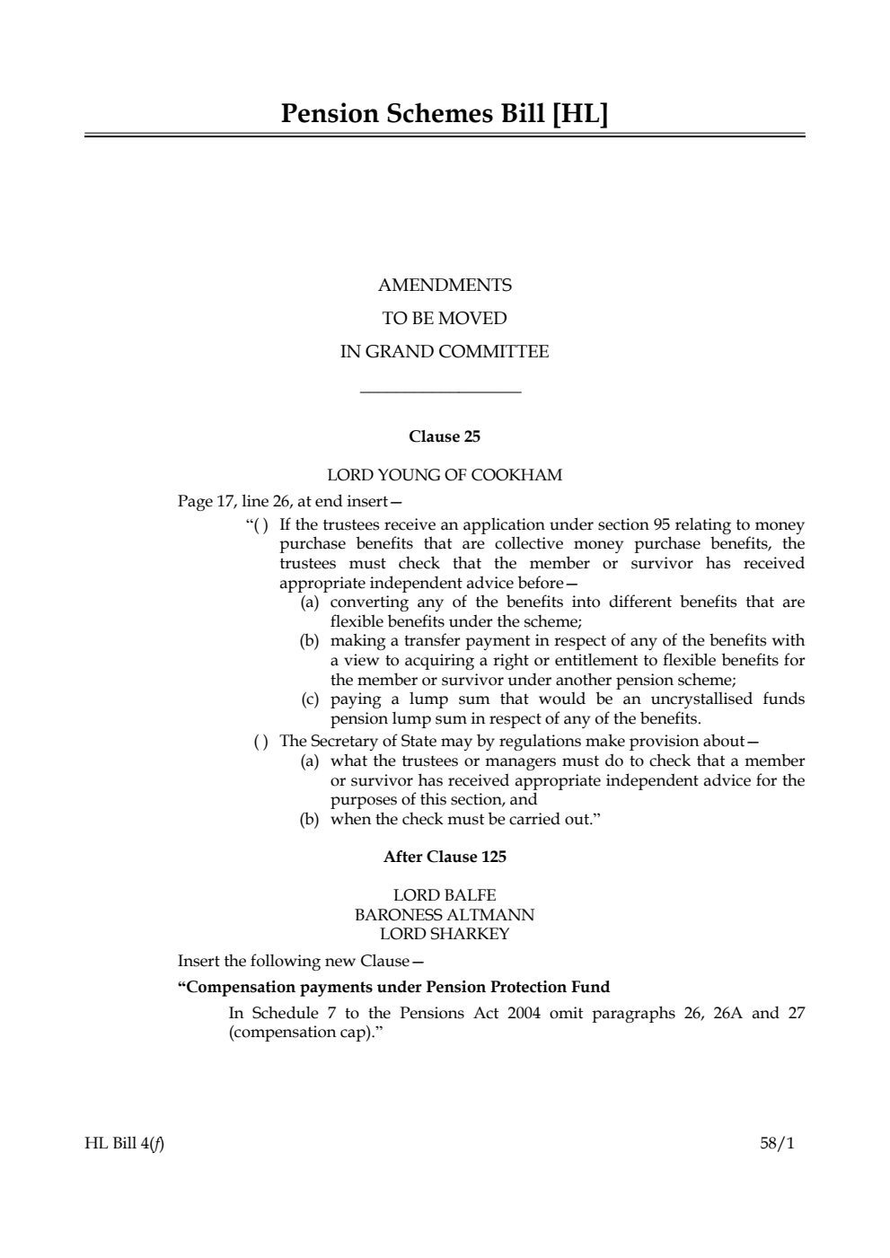 Pension Schemes Bill Amendments to be moved in Grand Committee