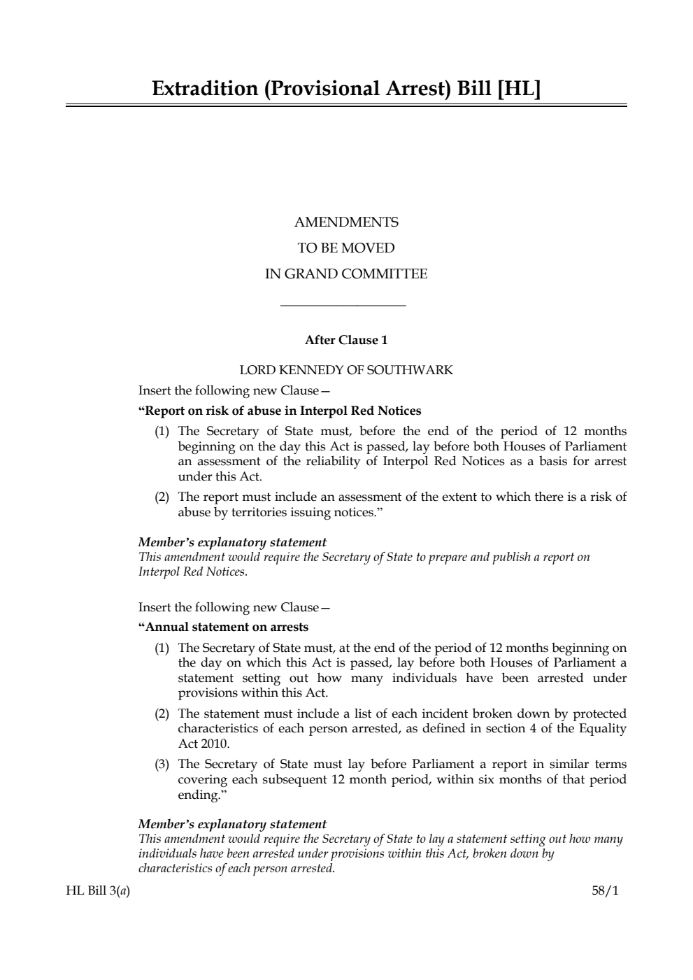 Extradition (Provisional Arrest) Bill Amendments to be moved in Grand Committee