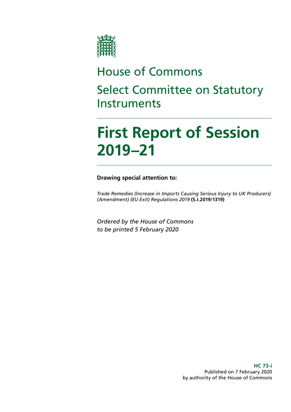 Statutory Instruments Committee 1st Report of Session 2019–21