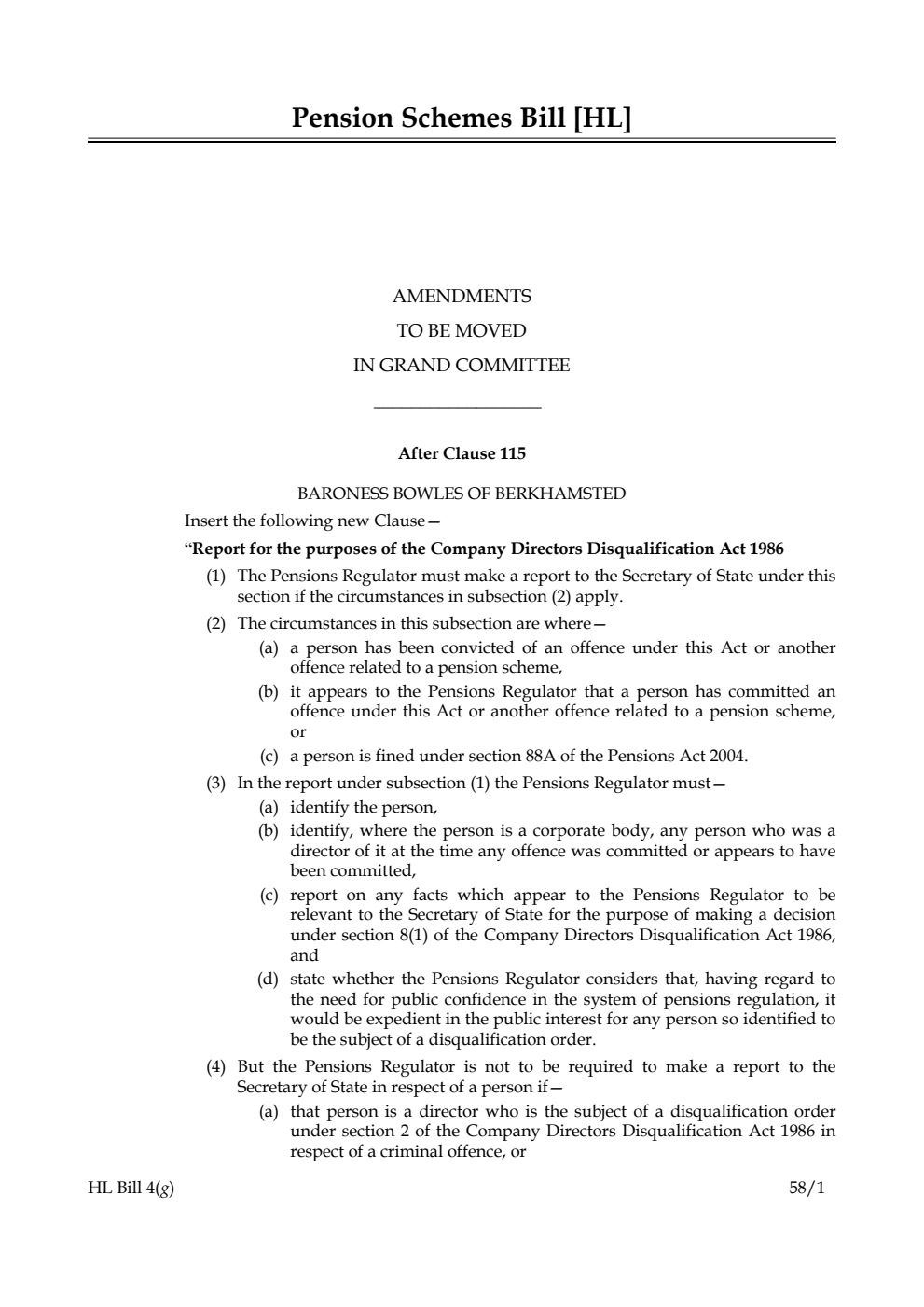 Pension Schemes Bill Amendments to be moved in Grand Committee