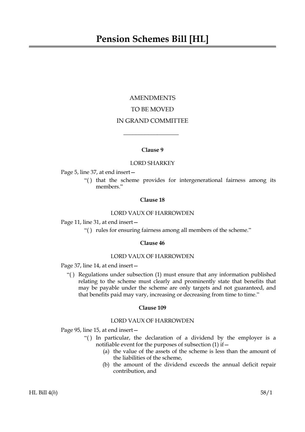 Pension Schemes Bill Amendments to be moved in Grand Committee