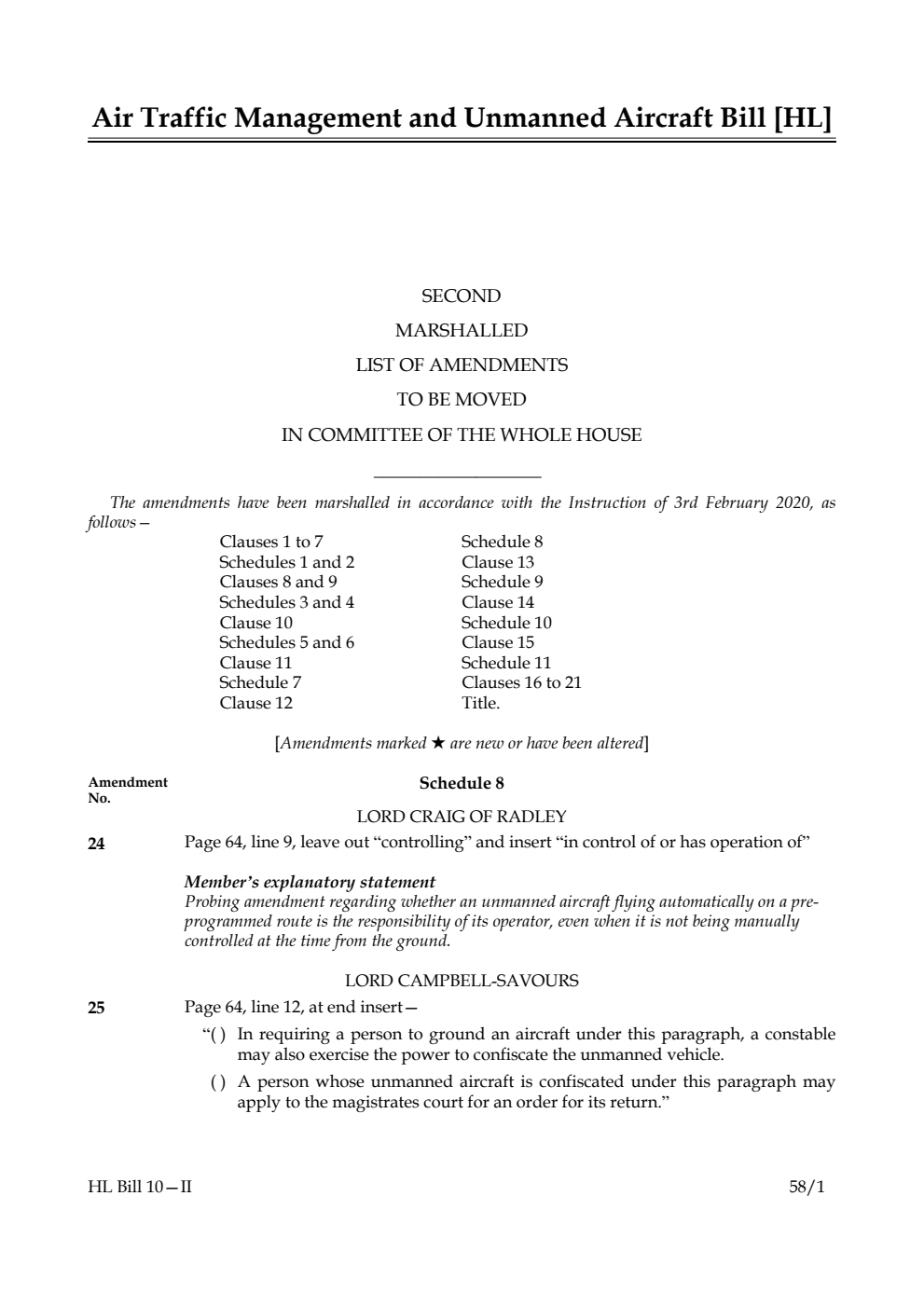 Air Traffic Management and Unmanned Aircraft Bill Second Marshalled List of Amendments to be moved in Committee of the Whole House