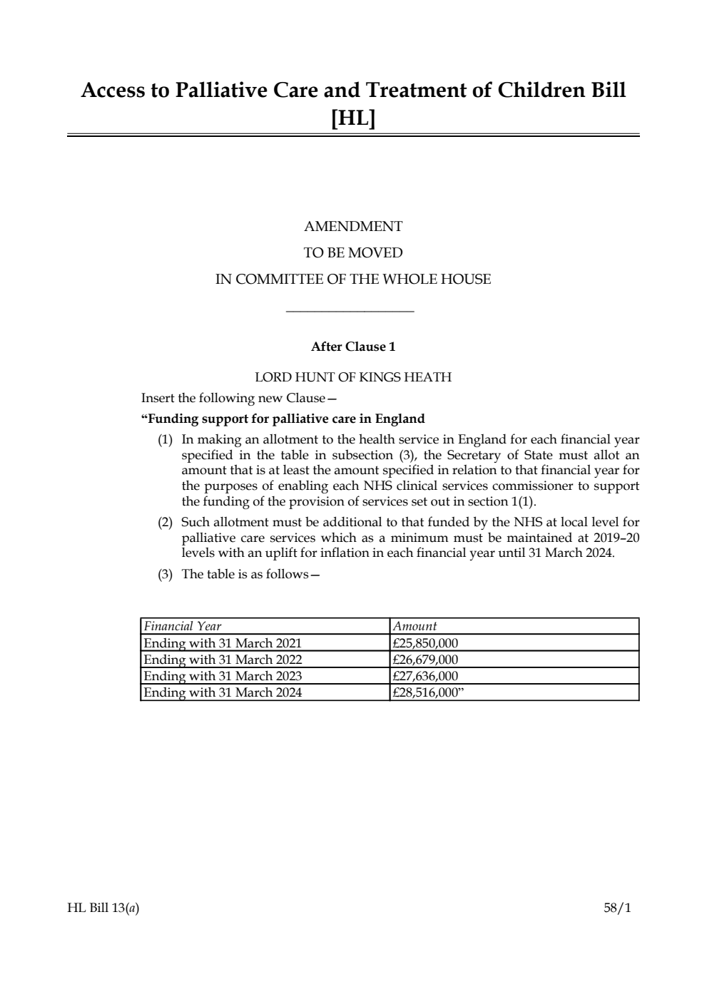 Access to Palliative Care and Treatment of Children Bill Amendment to be moved in Committee of the Whole House