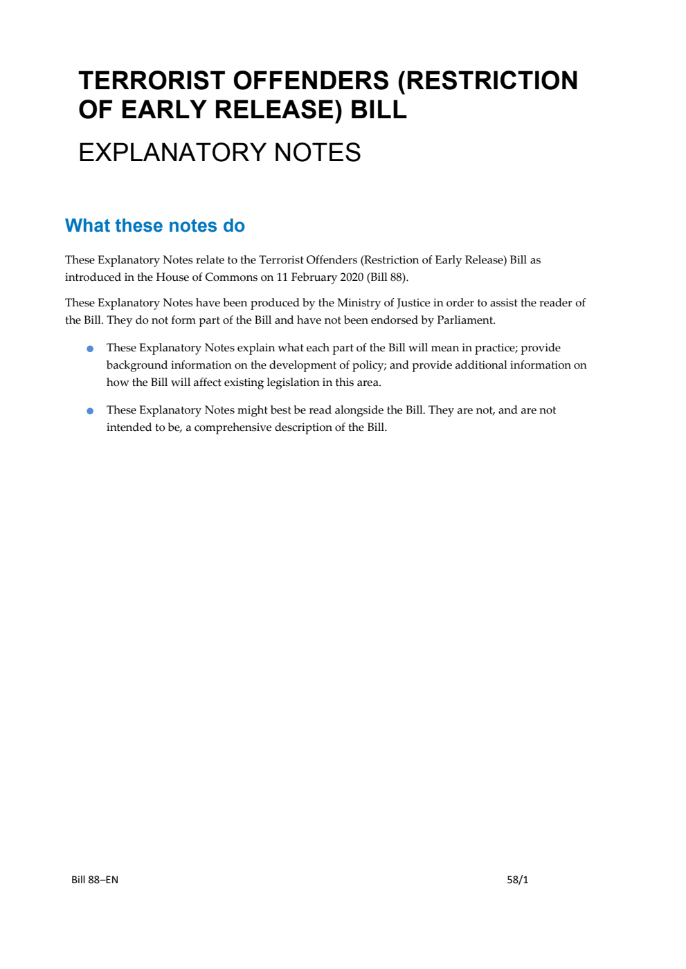 Terrorist Offenders (Restriction of Early Release) Bill Explanatory Notes