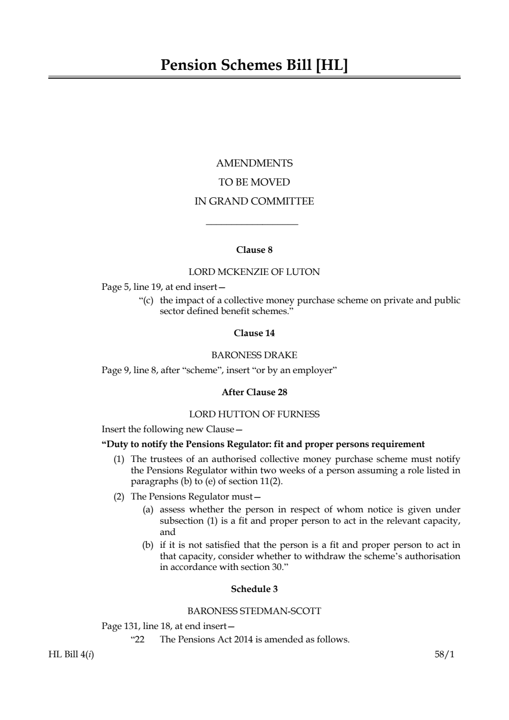 Pension Schemes Bill Amendments to be moved in Grand Committee