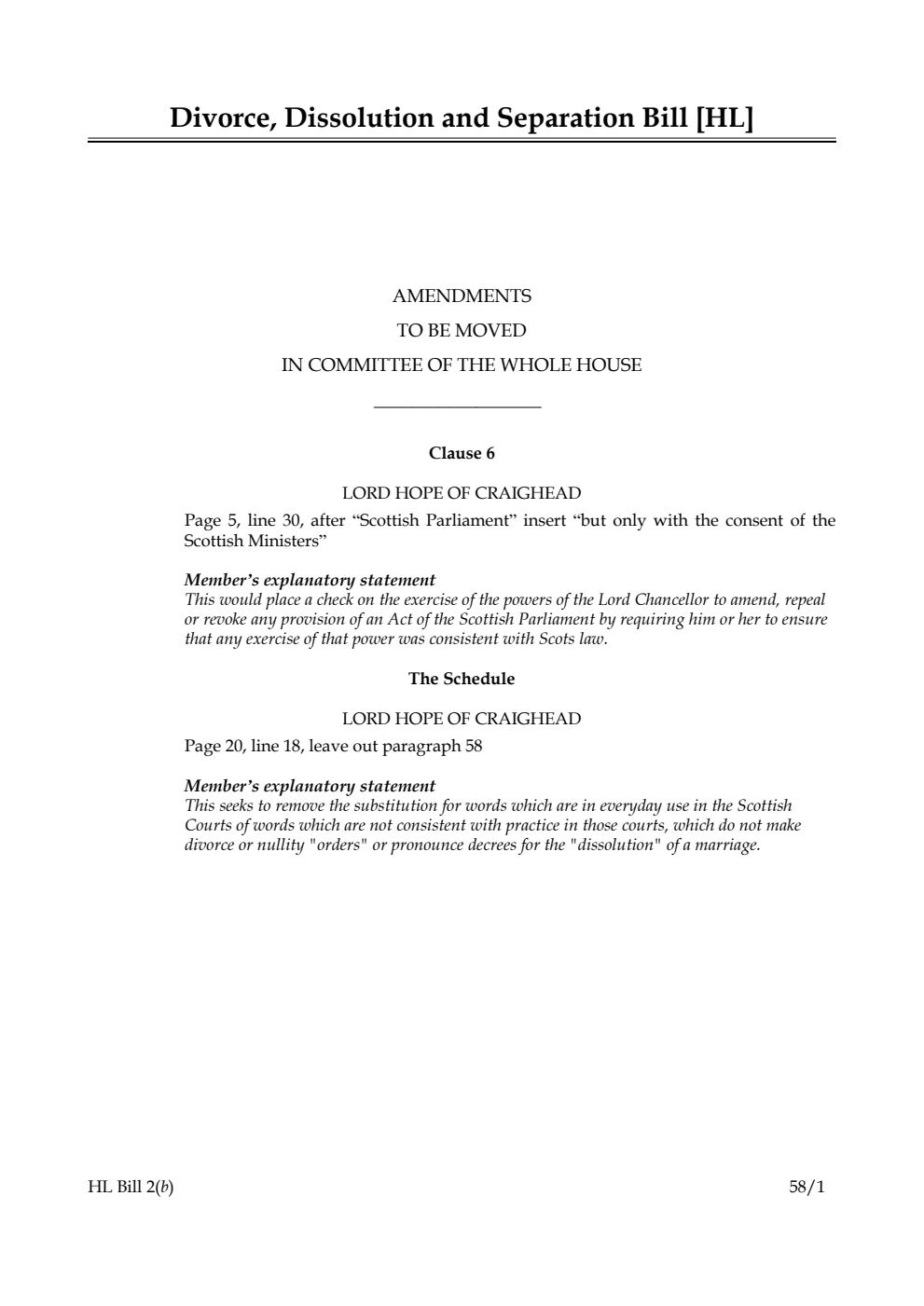 Divorce, Dissolution and Separation Bill Amendments to be moved in Committee of the Whole House