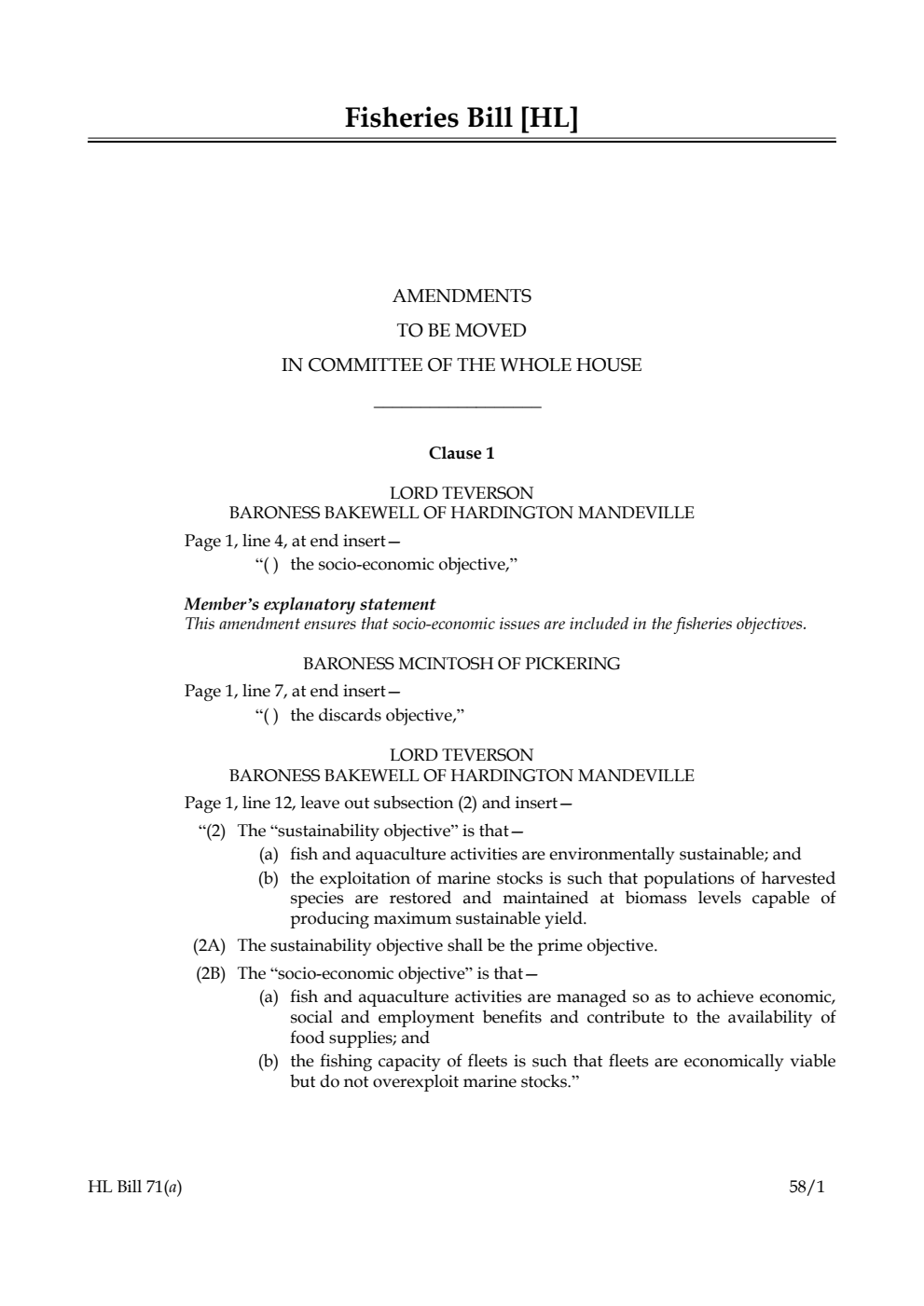Fisheries Bill Amendments to be moved in Committee of the Whole House