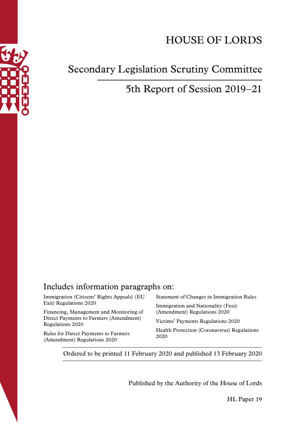Secondary Legislation Scrutiny Committee 5th Report of Session 2019–21