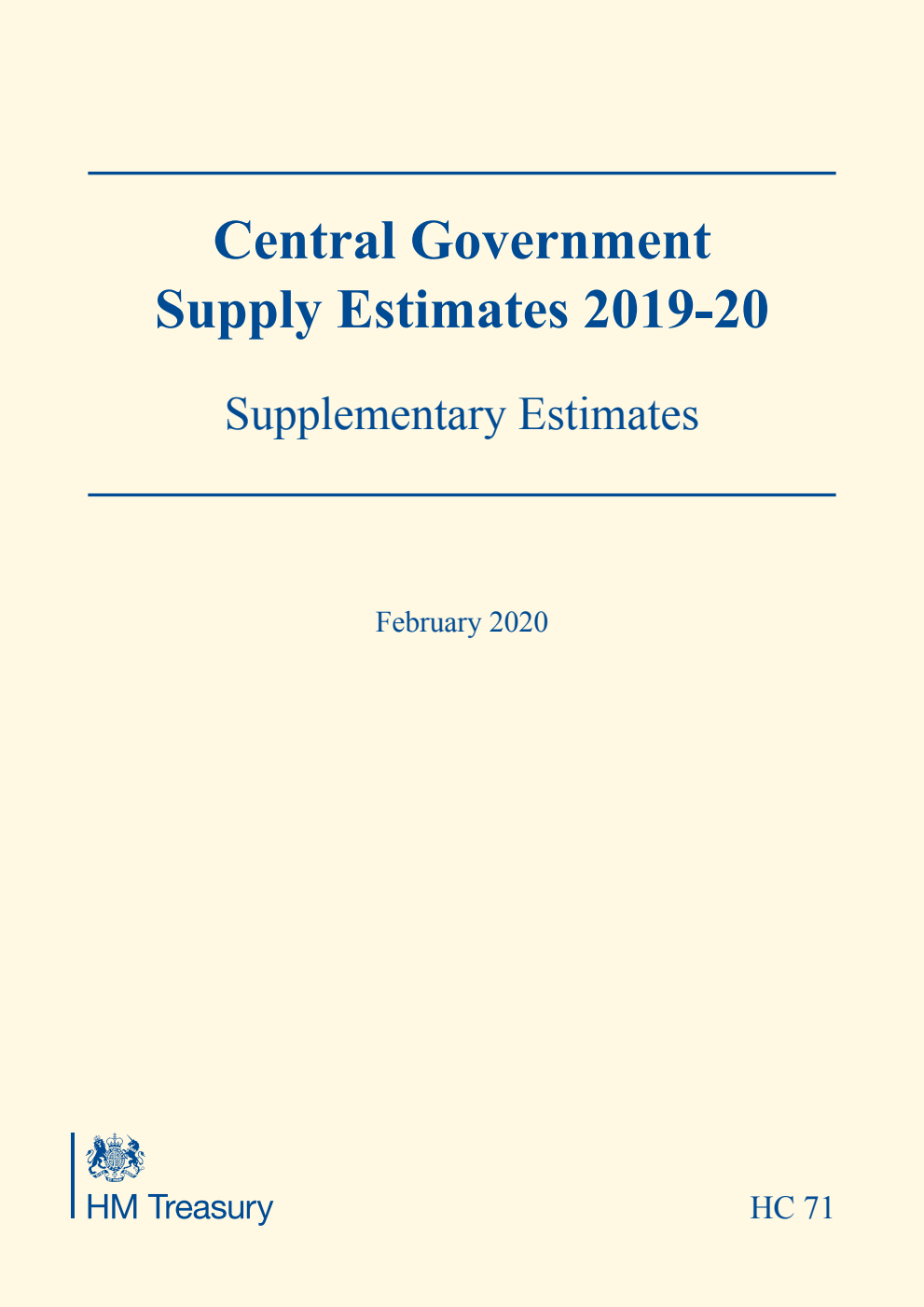Central Government Supply Estimates 2019-20: Supplementary Estimates for the year ending 31 March 2020