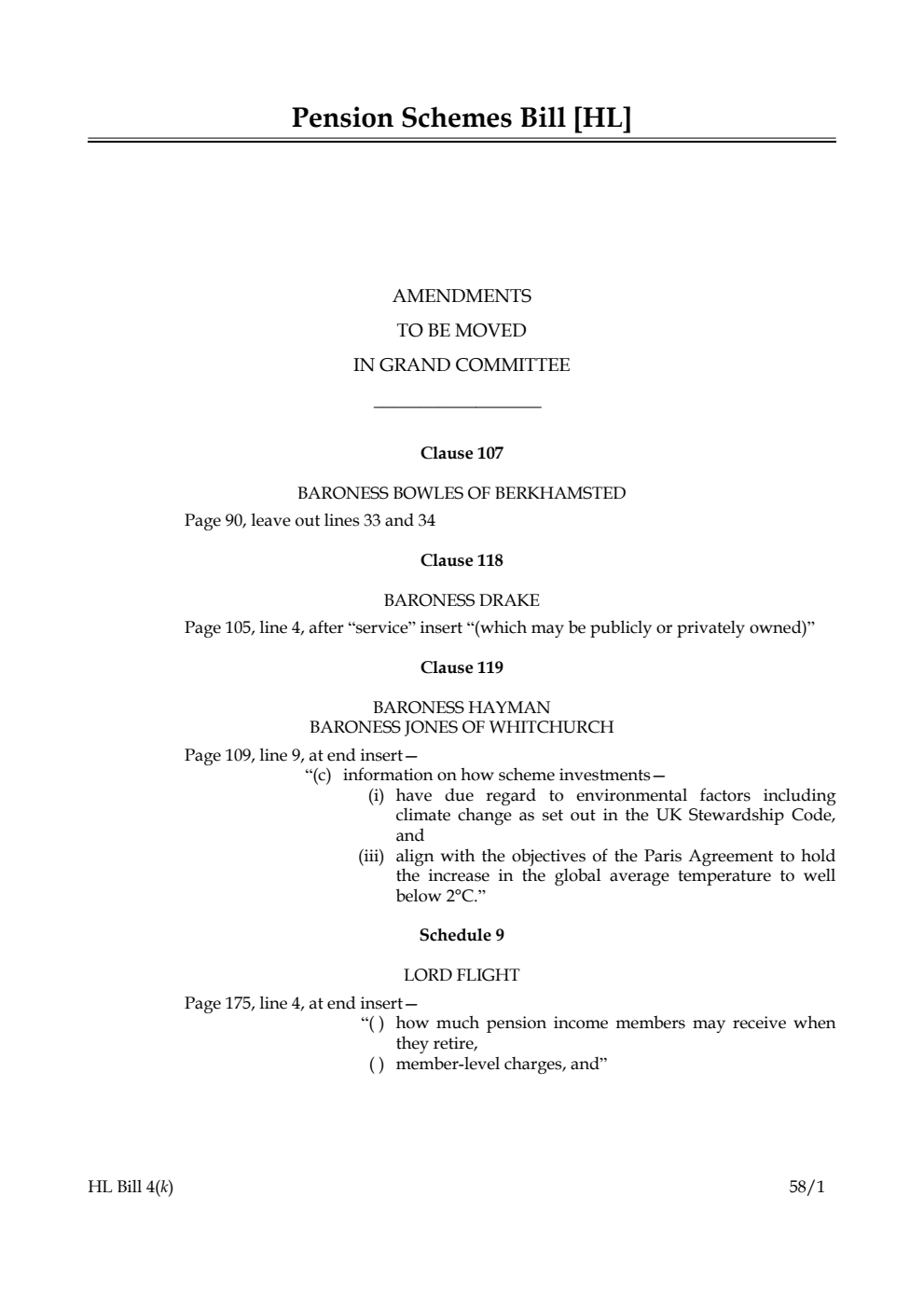 Pension Schemes Bill Amendments to be moved in Grand Committee