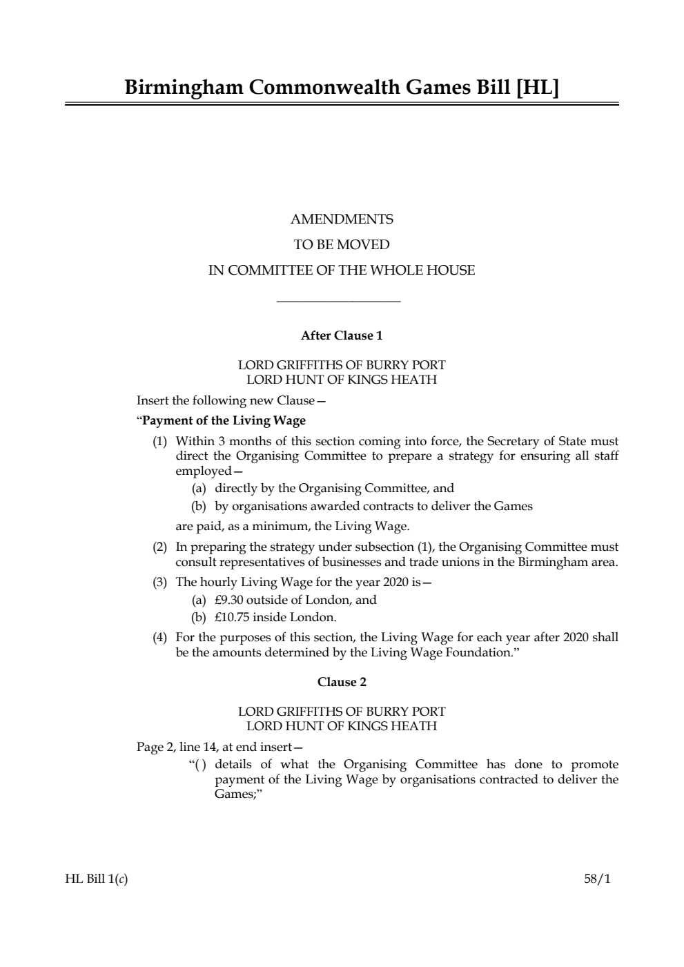 Birmingham Commonwealth Games Bill Amendments to be moved in Committee of the Whole House