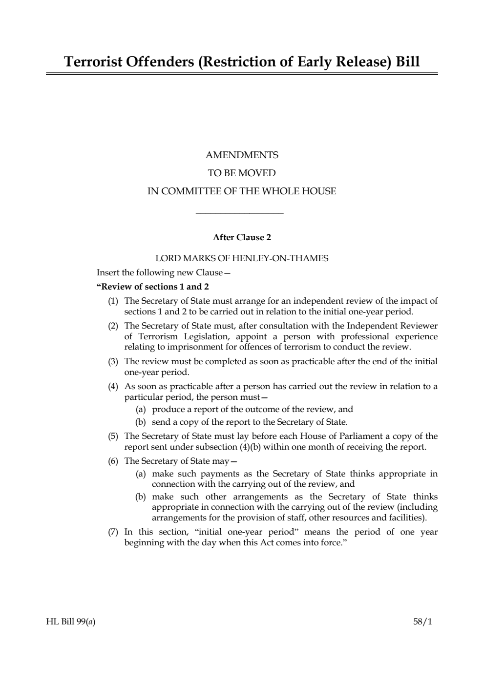 Terrorist Offenders (Restriction of Early Release) Bill Amendments to be moved in Committee of the Whole House