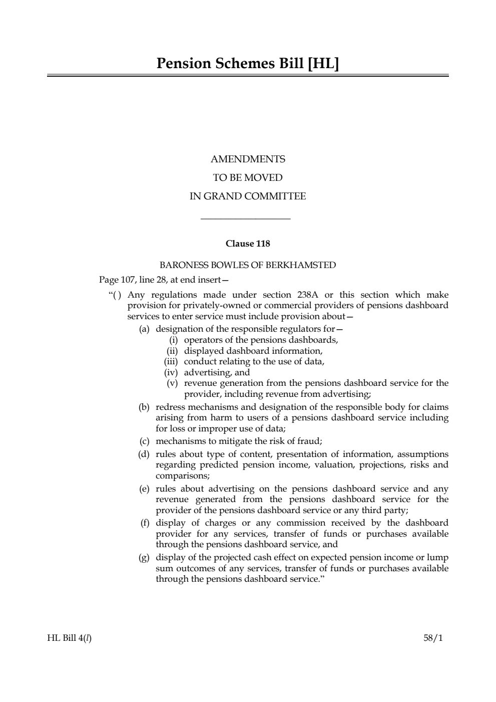 Pension Schemes Bill Amendments to be moved in Grand Committee