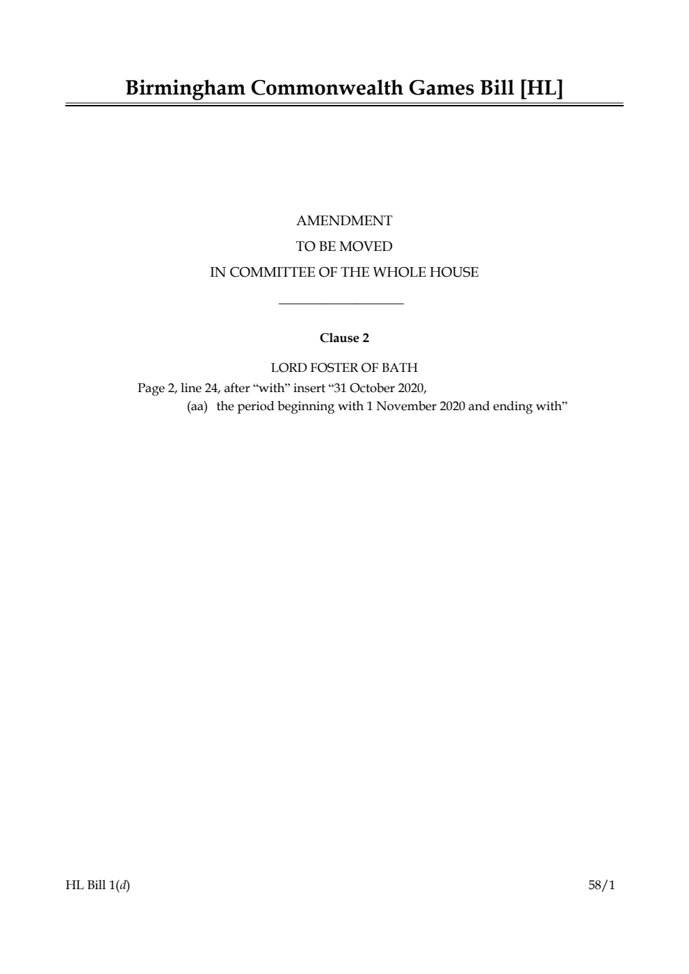 Birmingham Commonwealth Games Bill Amendment to be moved in Committee of the Whole House