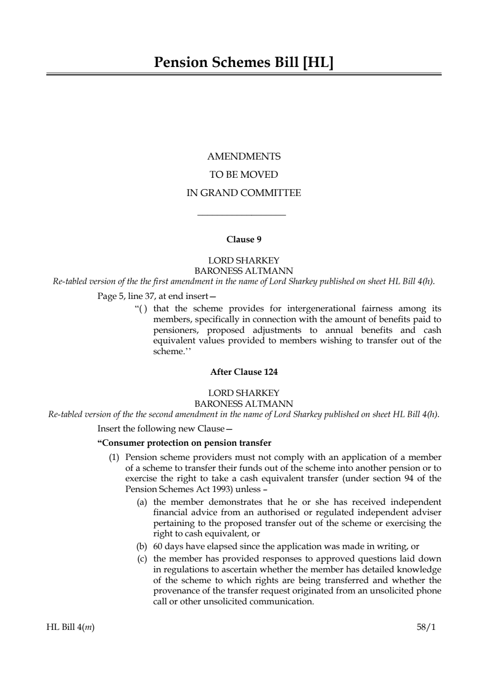 Pension Schemes Bill Amendments to be moved in Grand Committee