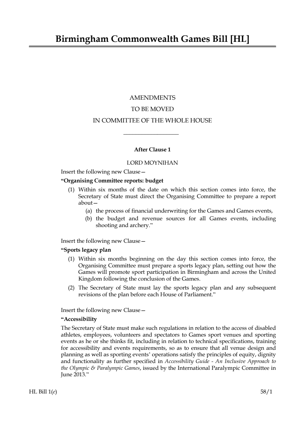 Birmingham Commonwealth Games Bill Amendments to be moved in Committee of the Whole House