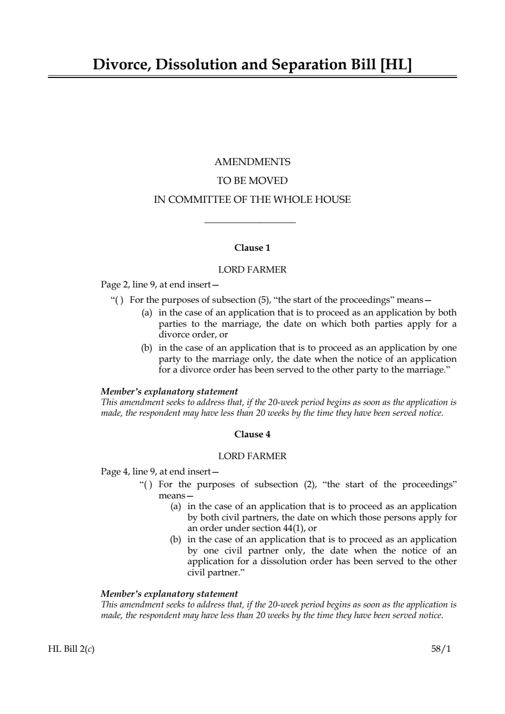 Divorce, Dissolution and Separation Bill Amendments to be moved in Committee of the Whole House