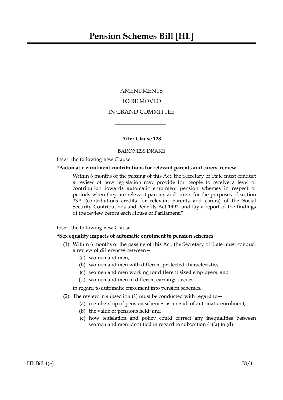 Pension Schemes Bill Amendments to be moved in Grand Committee