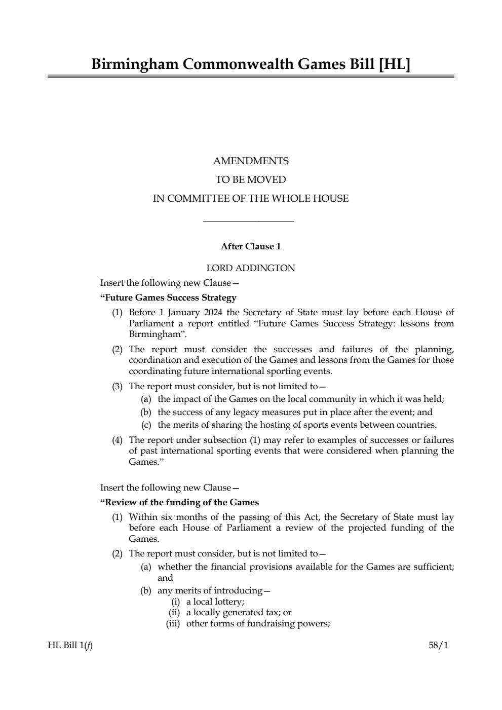 Birmingham Commonwealth Games Bill Amendments to be moved in Committee of the Whole House