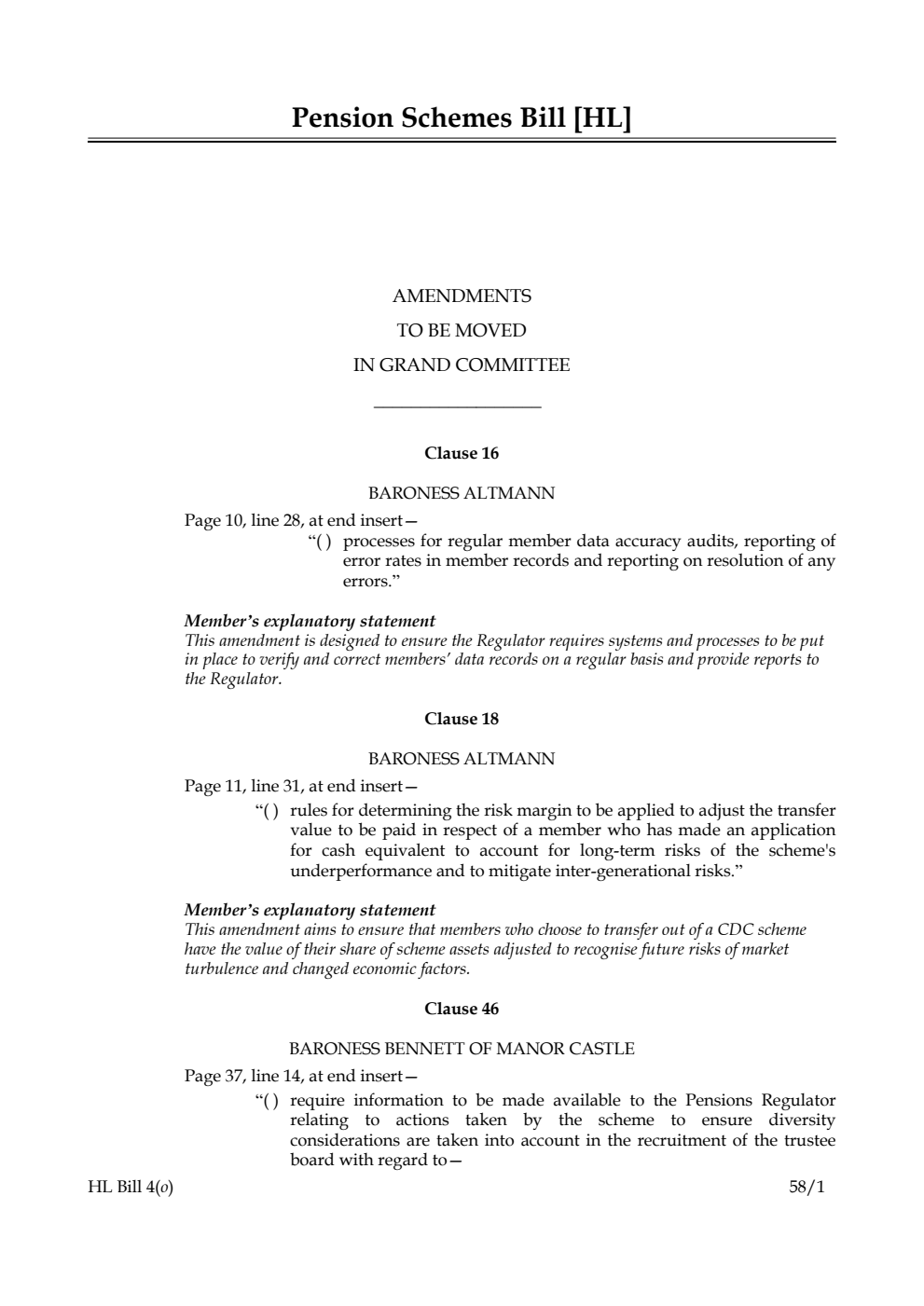 Pension Schemes Bill Amendments to be moved in Grand Committee