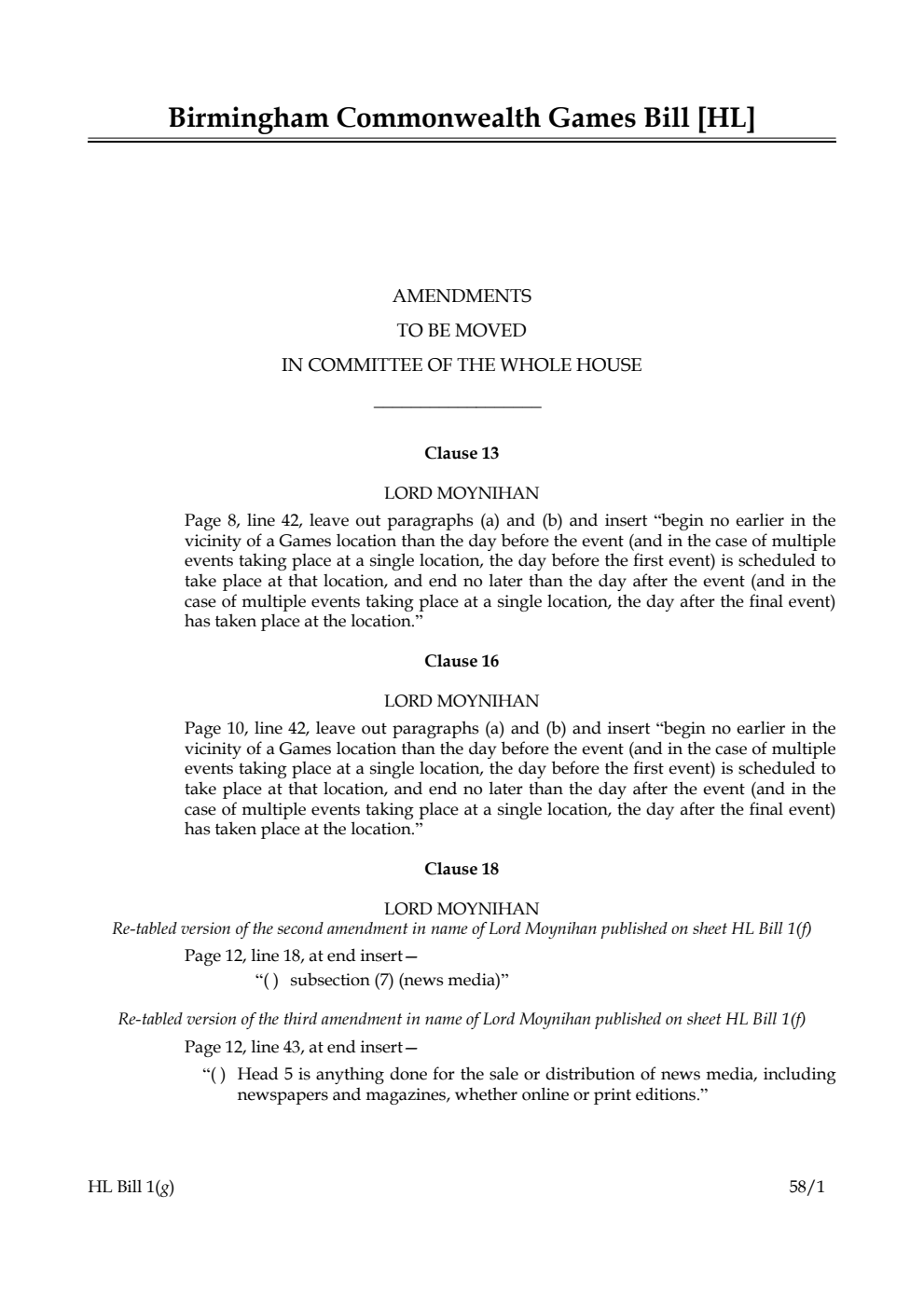 Birmingham Commonwealth Games Bill Amendments to be moved in Committee of the Whole House
