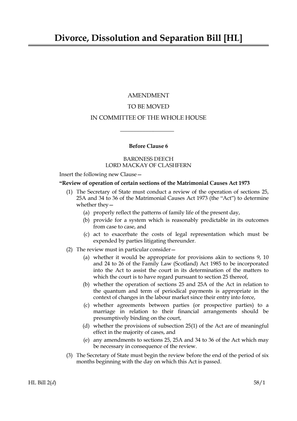 Divorce, Dissolution and Separation Bill Amendment to be moved in Committee of the Whole House