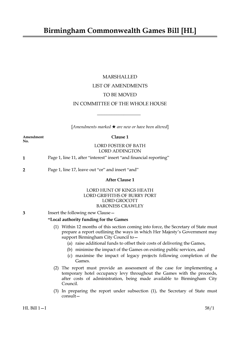 Birmingham Commonwealth Games Bill  Marshalled List of Amendments to be moved in Committee of the Whole House