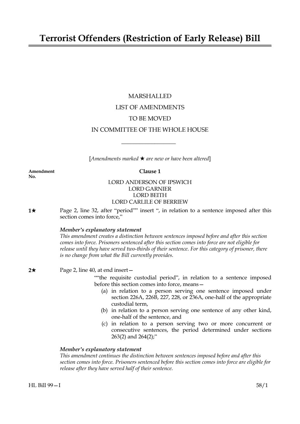 Terrorist Offenders (Restriction of Early Release) Bill Marshalled List of Amendments to be moved in Committee of the Whole House