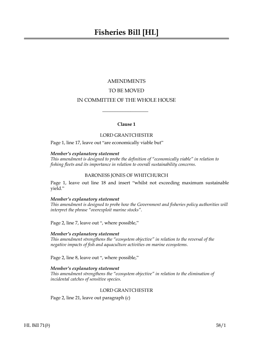 Fisheries Bill Amendments to be moved in Committee of the Whole House