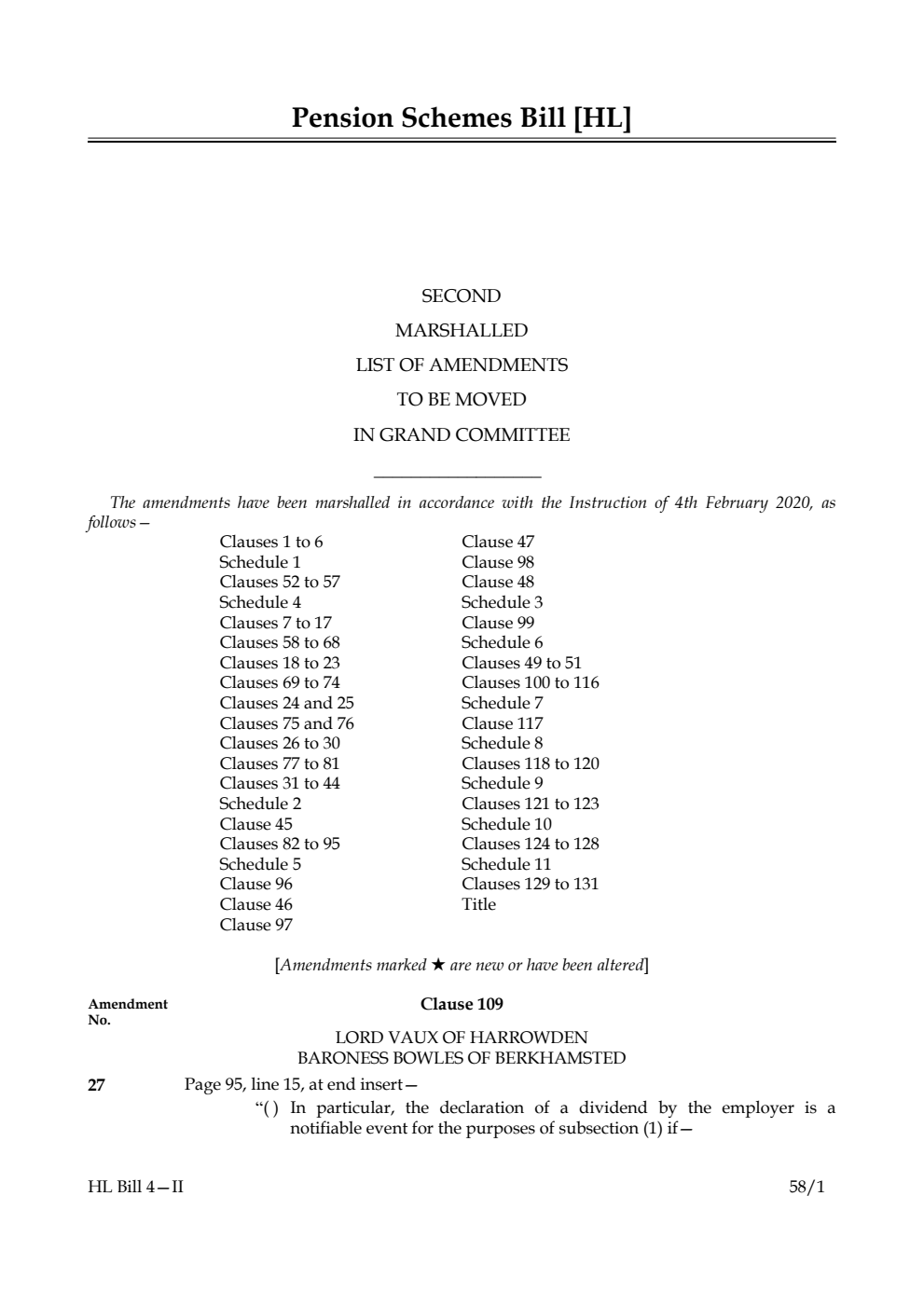 Pension Schemes Bill Second Marshalled List of Amendments to be moved in Grand Committee
