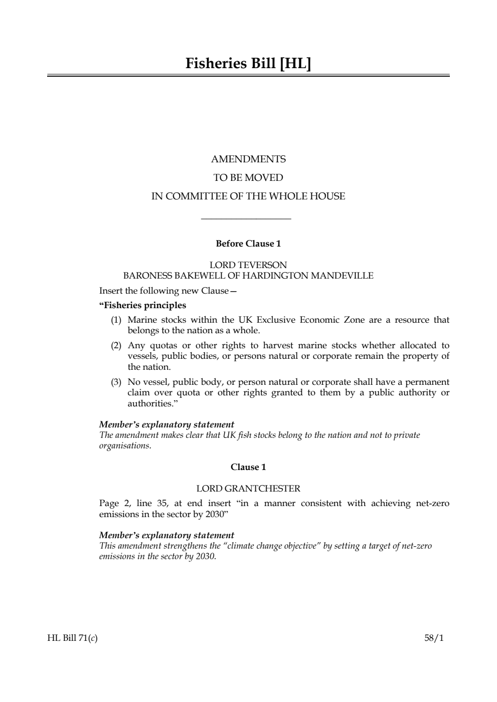 Fisheries Bill Amendments to be moved in Committee of the Whole House