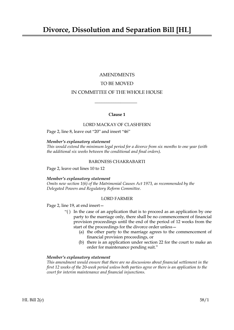 Divorce, Dissolution and Separation Bill Amendments to be moved in Committee of the Whole House
