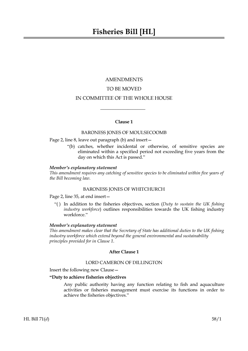 Fisheries Bill Amendments to be moved in Committee of the Whole House