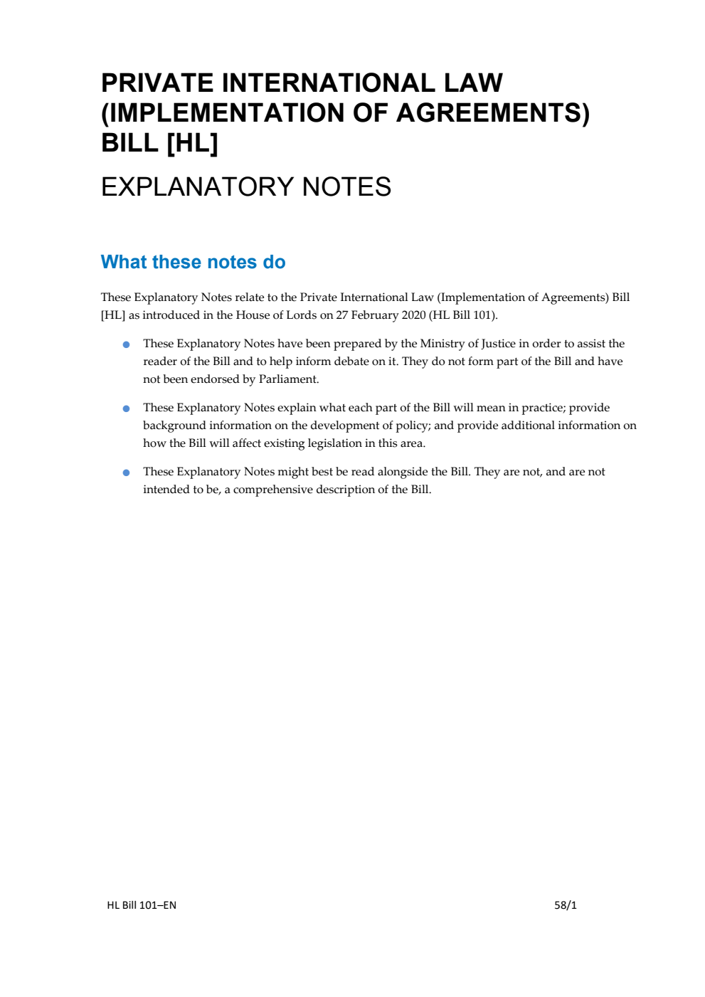 Private International Law (Implementation of Agreements) Bill Explanatory Notes