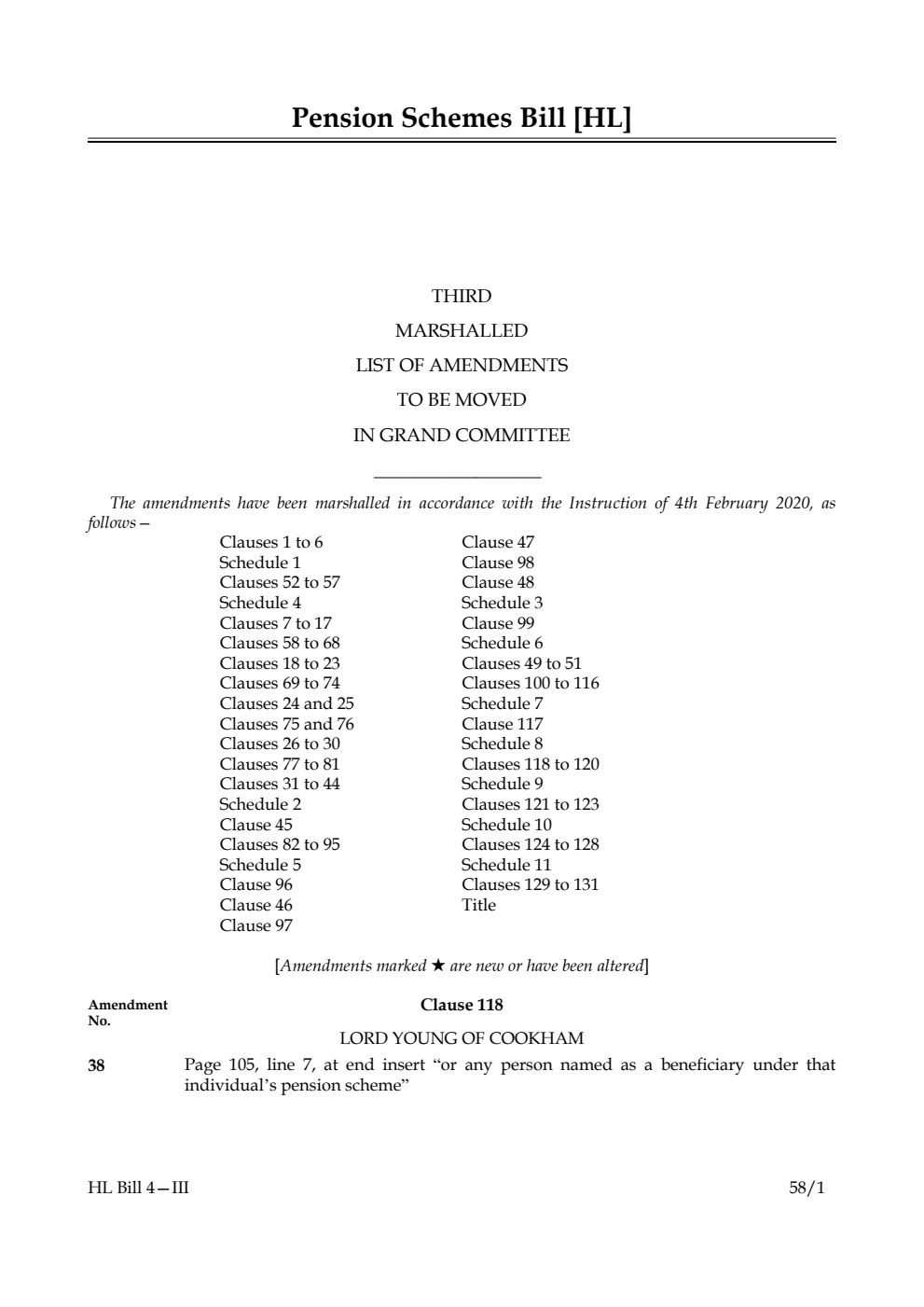 Pension Schemes Bill Third Marshalled List of Amendments to be moved in Grand Committee