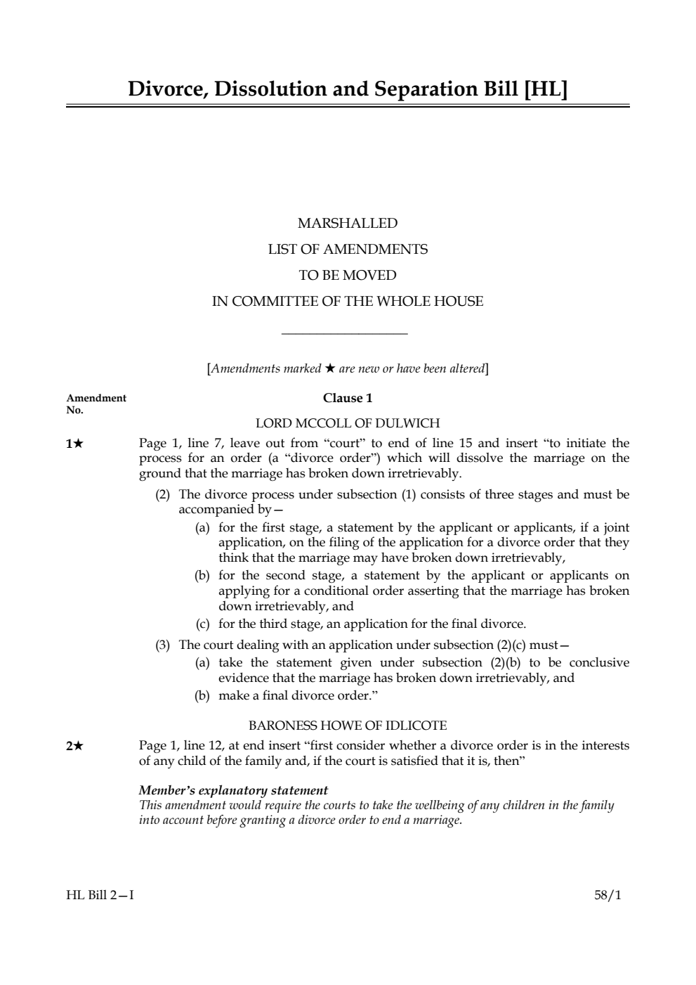 Divorce, Dissolution and Separation Bill Marshalled List of Amendments to be moved in Committee of the Whole House
