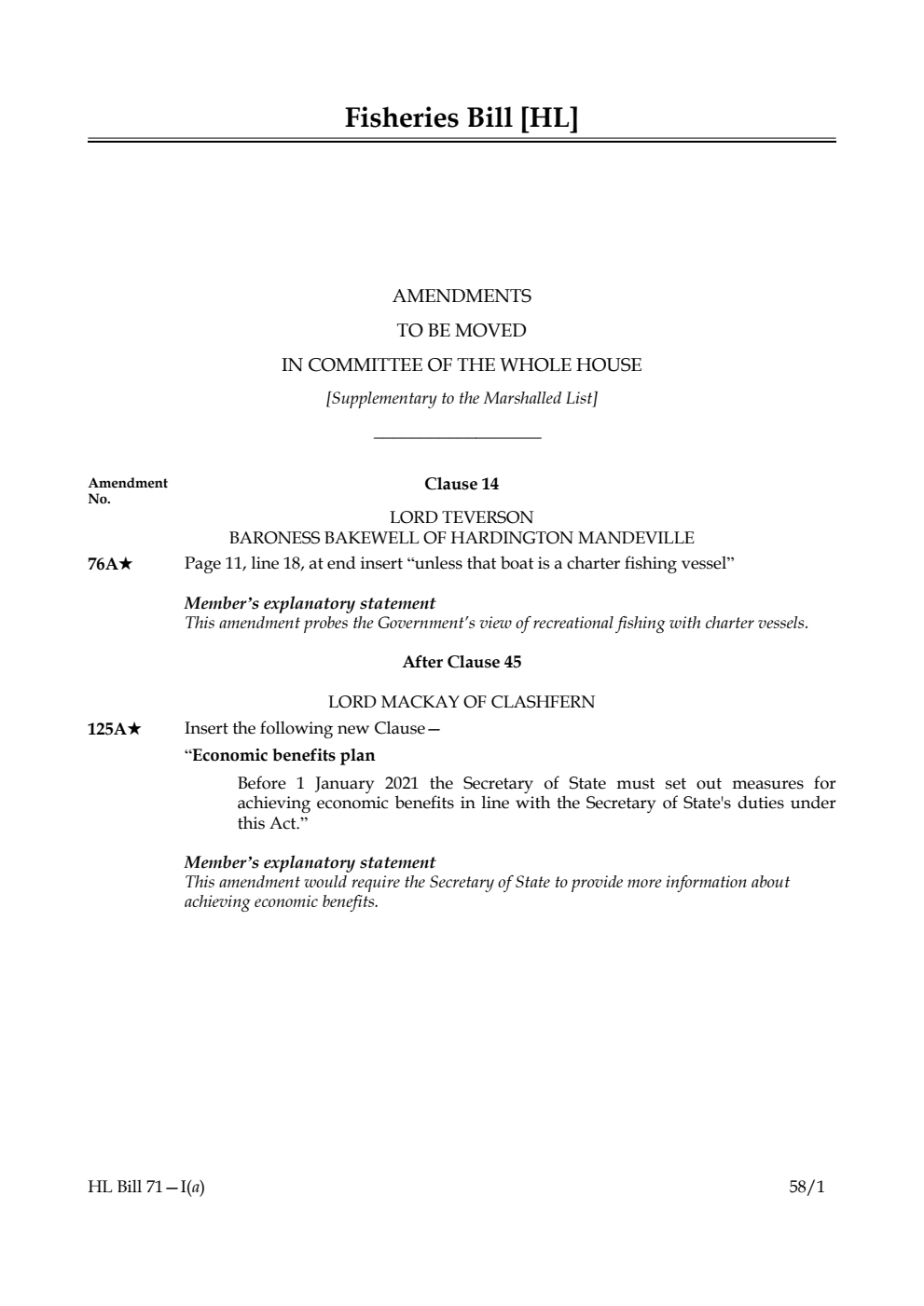 Fisheries Bill Amendments to be moved in Committee of the Whole House [Supplementary to the Marshalled List]