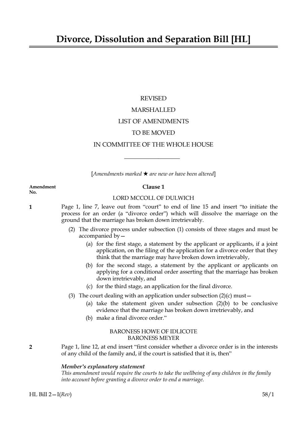 Divorce, Dissolution and Separation Bill Revised Marshalled List of Amendments to be moved in Committee of the Whole House