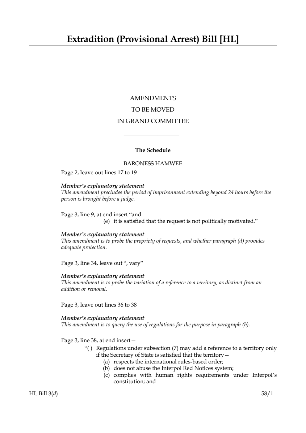 Extradition (Provisional Arrest) Bill Amendments to be moved in Grand Committee